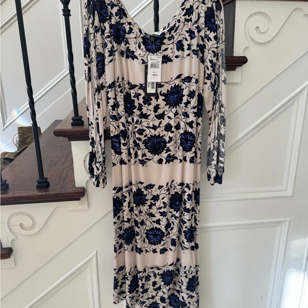 Ella Moss Blue and Cream Floral Long Sleeve Dress